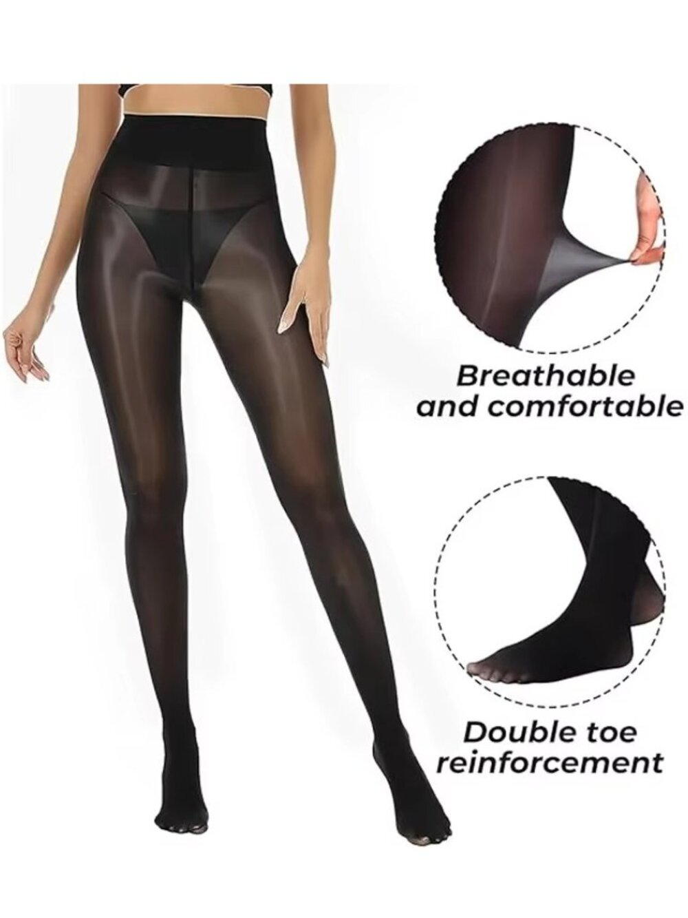 Womens Glossy Oil Smooth Sheer Black Tights High Waist Shiny Pantyhose Stockings - Picture 3 of 4